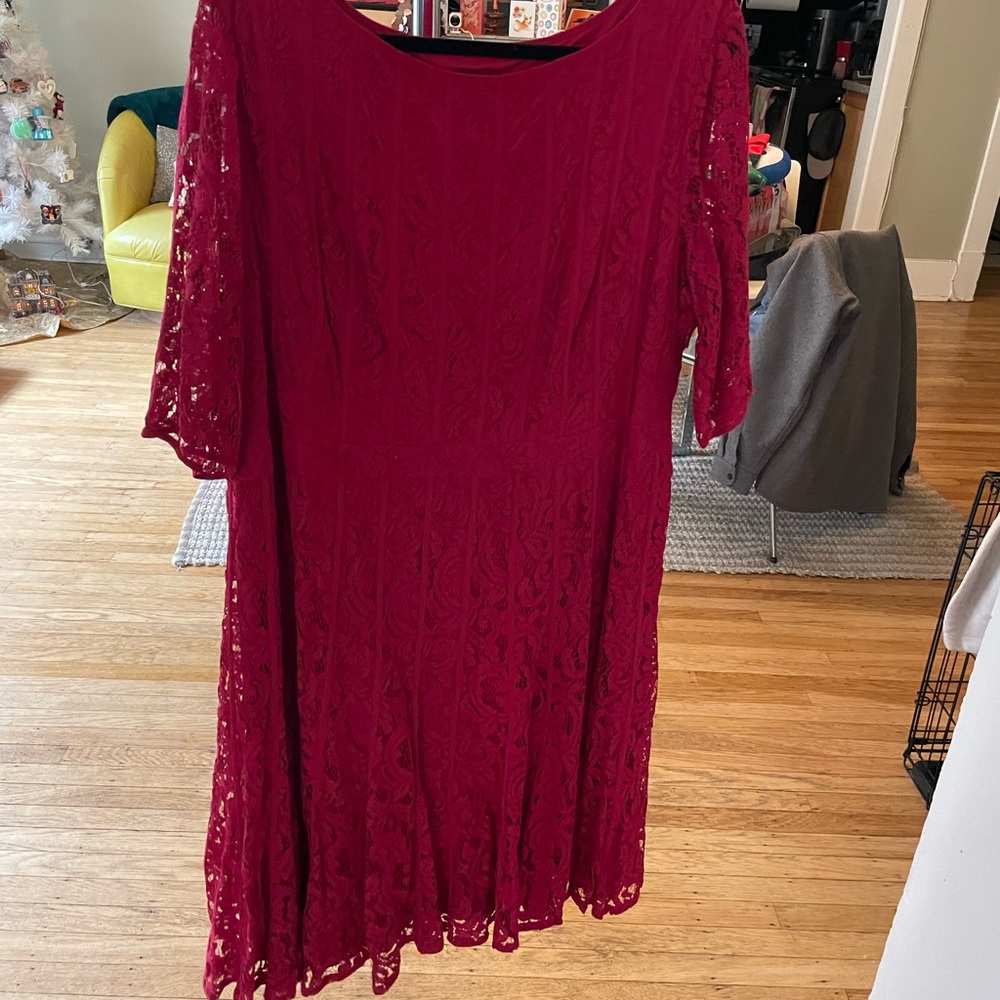 Adrianna Papell Burgundy Lace Long Sleeve Dress